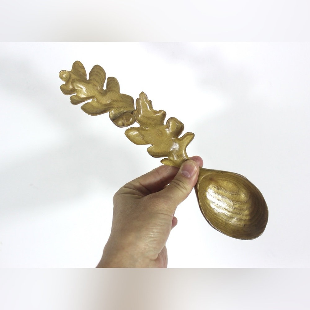 Hand Carved Wood Spoon Folk Art Treen Welsh Love Spoon Oak Leaves Acorn Handle